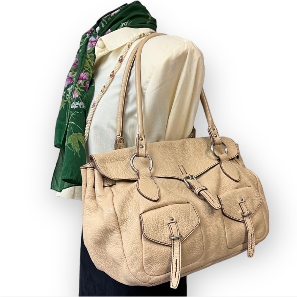 Vera Pelle Vintage Shoulder Bag Pebbled Leather Cream Taupe Made Italy Firenze